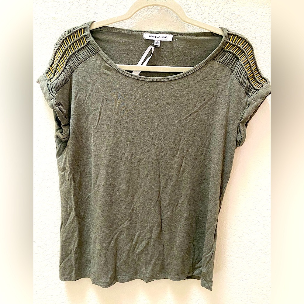 Rose + Olive Greenish Gray Top with Metallic Beaded detailing